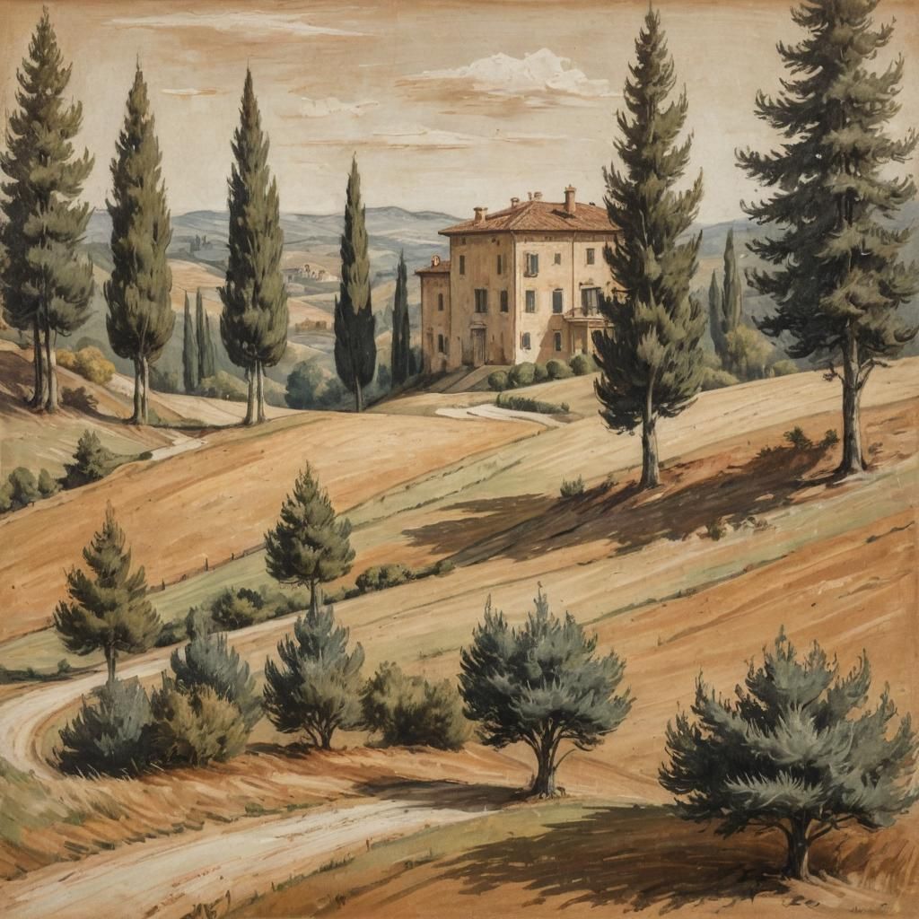 Italian Villa Landscape in Neorealist Chalk Drawing