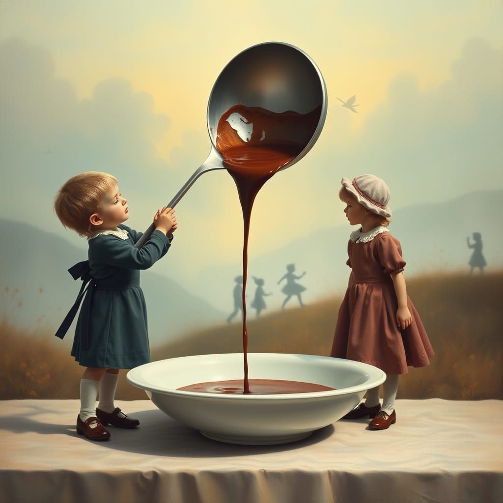 Children Pouring Chocolate in Surreal Landscape