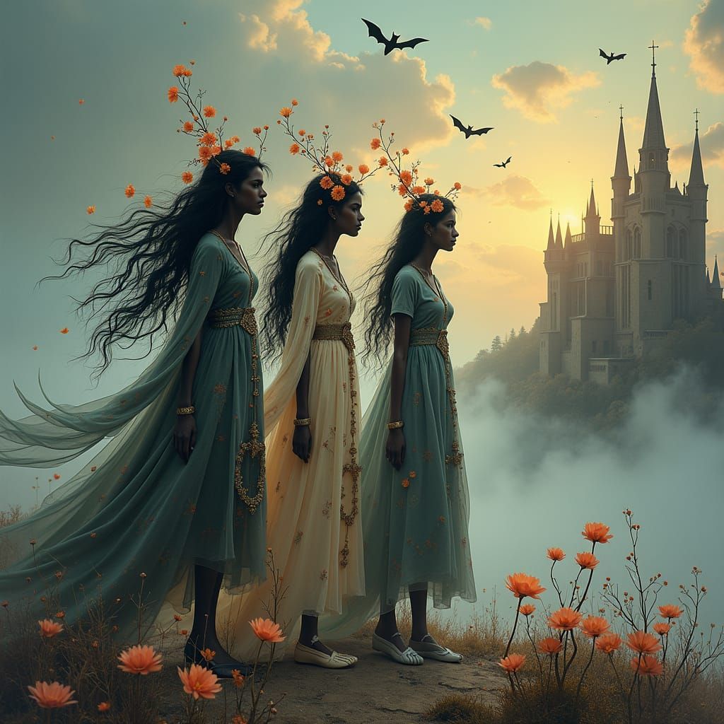 Whimsical Witches in Dreamlike Gothic Landscape