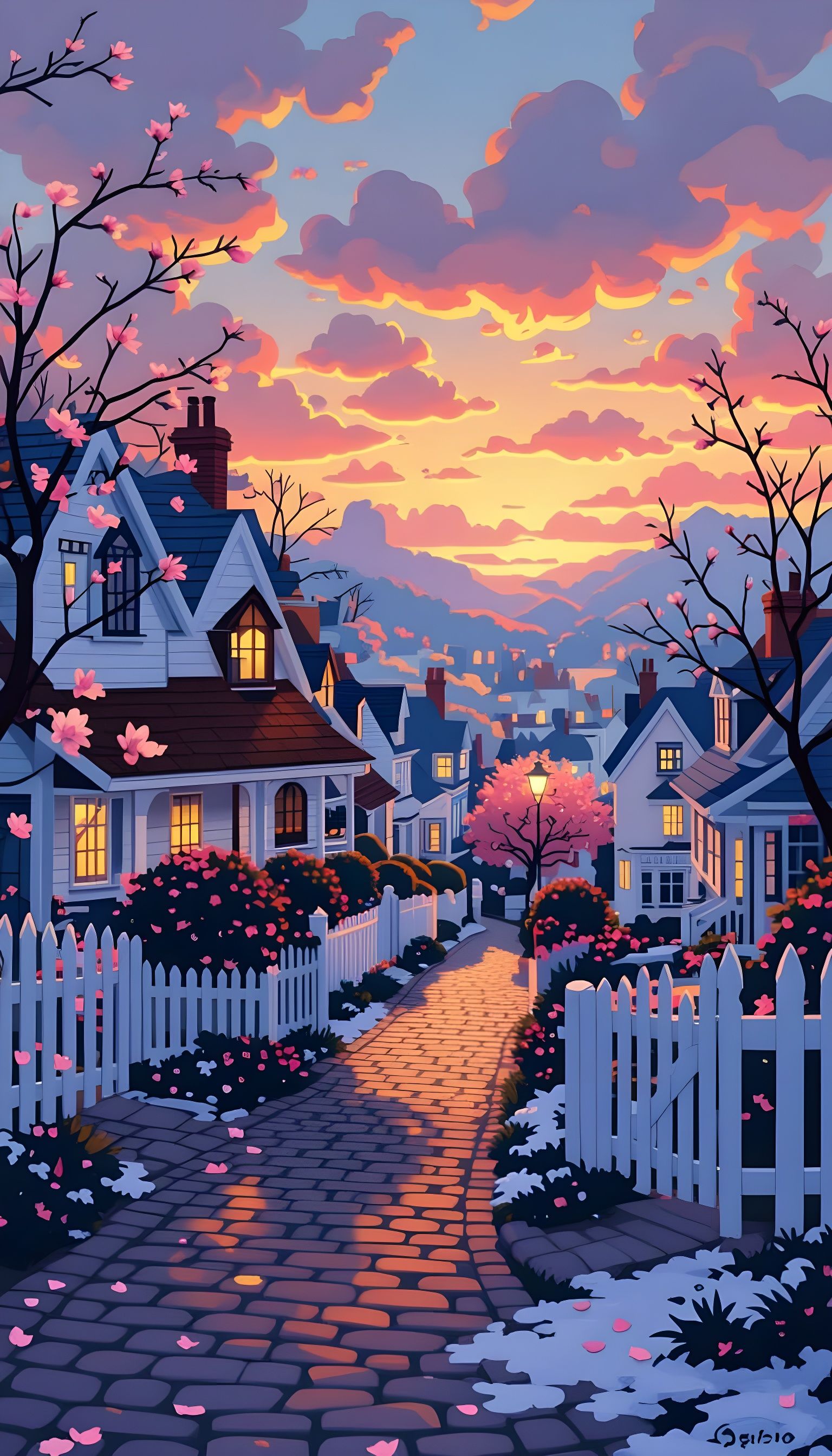 Charming Street with Pink Trees and Cozy Houses