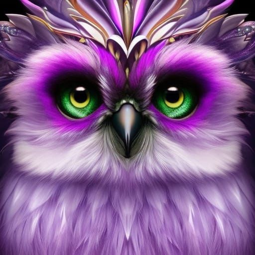 Mystical Owl-Eyed Gremlin in Psychedelic Purple Garden
