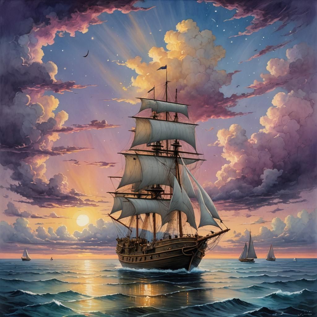 Luxury Sailboat at Sunset: Gouache Impressionist Painting