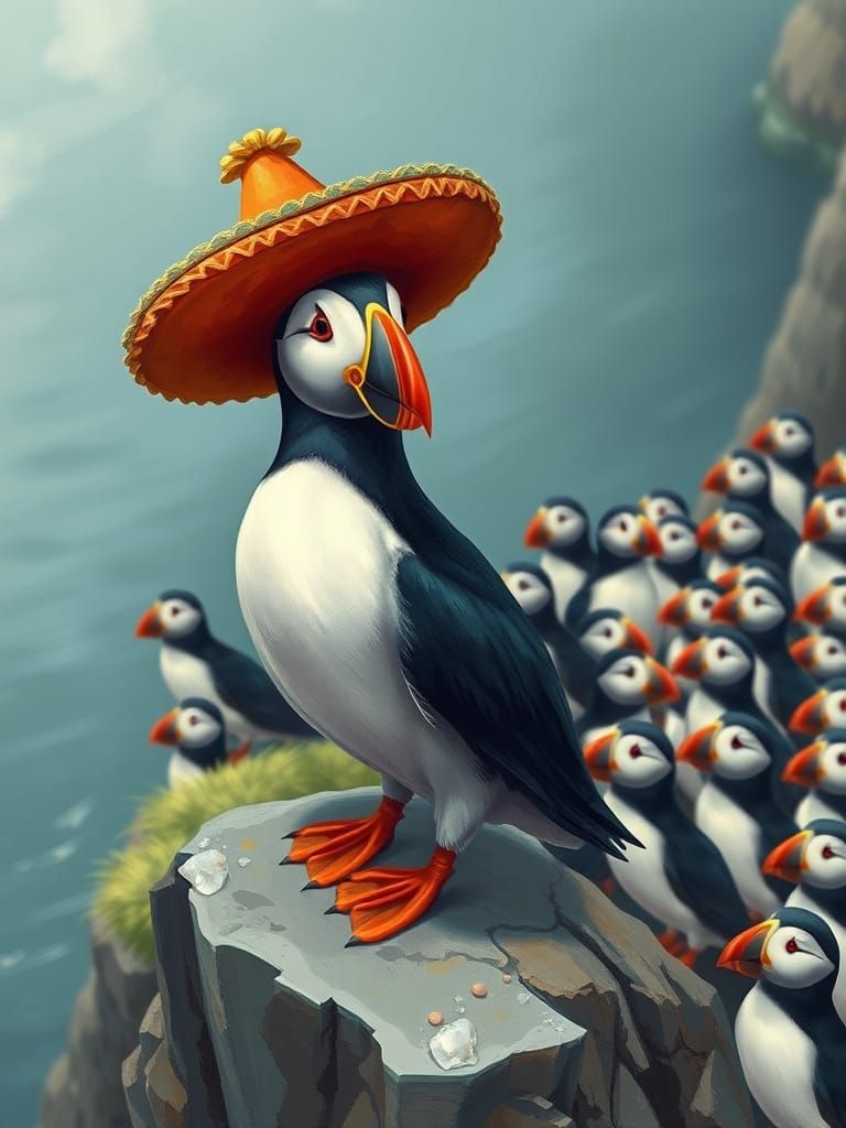 Puffin Wearing Sombrero on Cliff, Whimsical Style