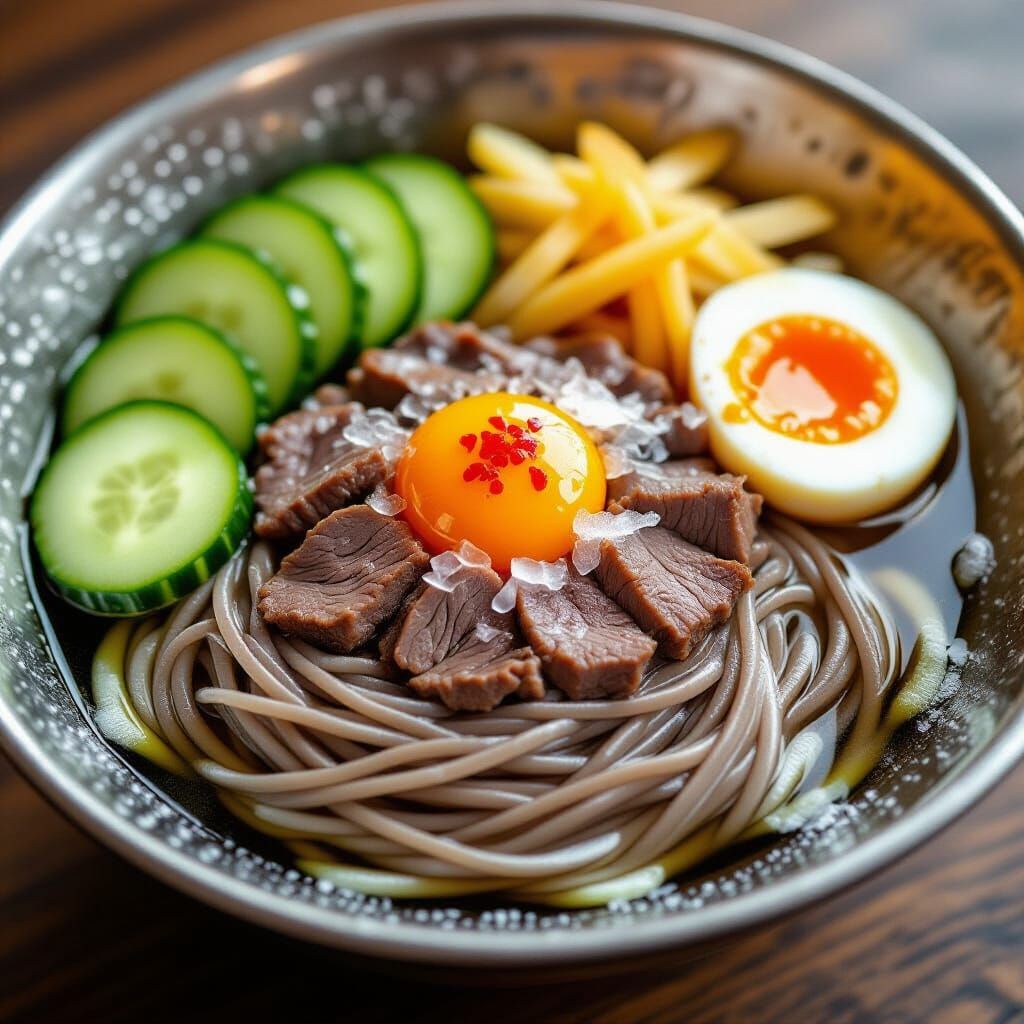 Refreshing Naengmyeon Cold Noodle Dish Photorealistic Style
