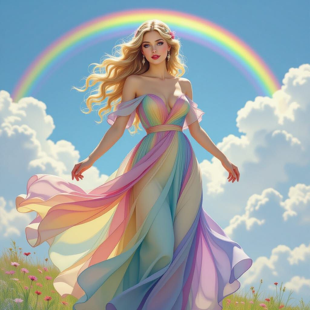 Rainbow Woman Dancing in a Brilliant Blue Sky