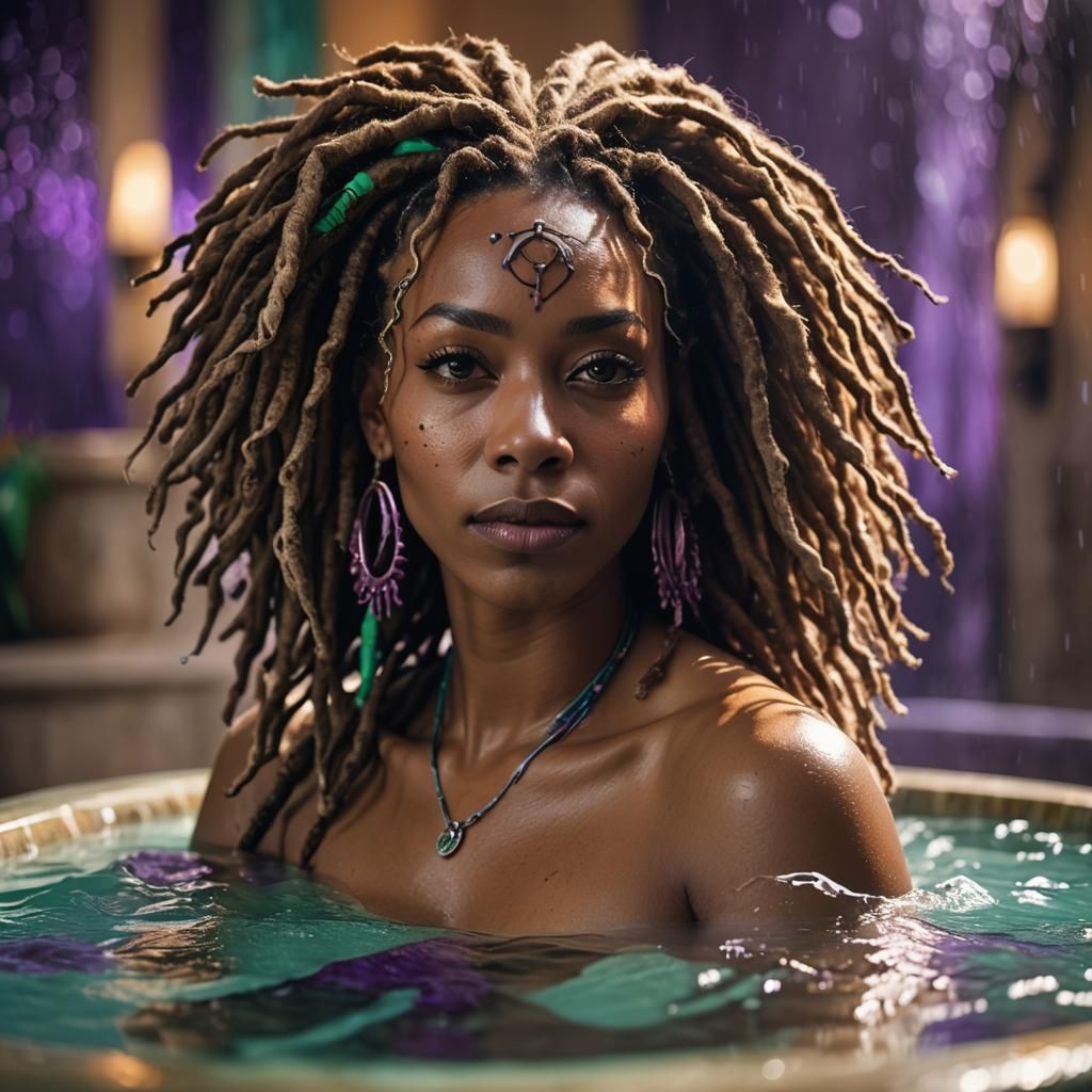Caribbean Queen in Royal Bath, Hyperrealistic Portrait