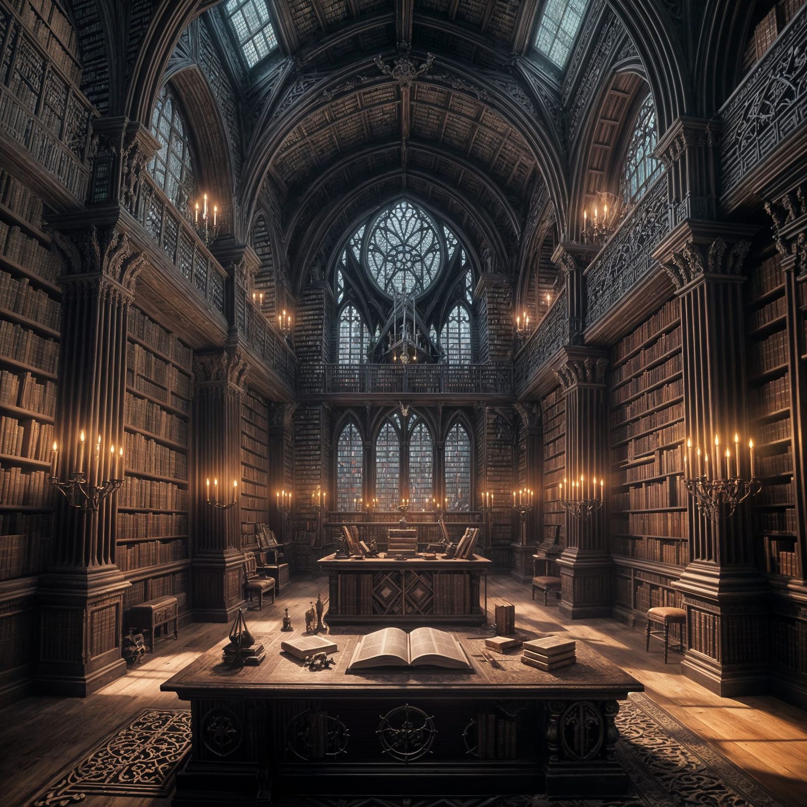 Gothic Library Illuminated by Volumetric Lighting