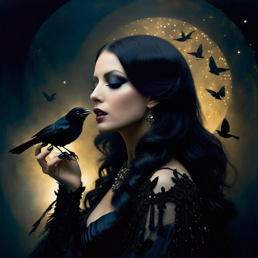 Woman with Blackbird: Surrealist Portrait with Starlight