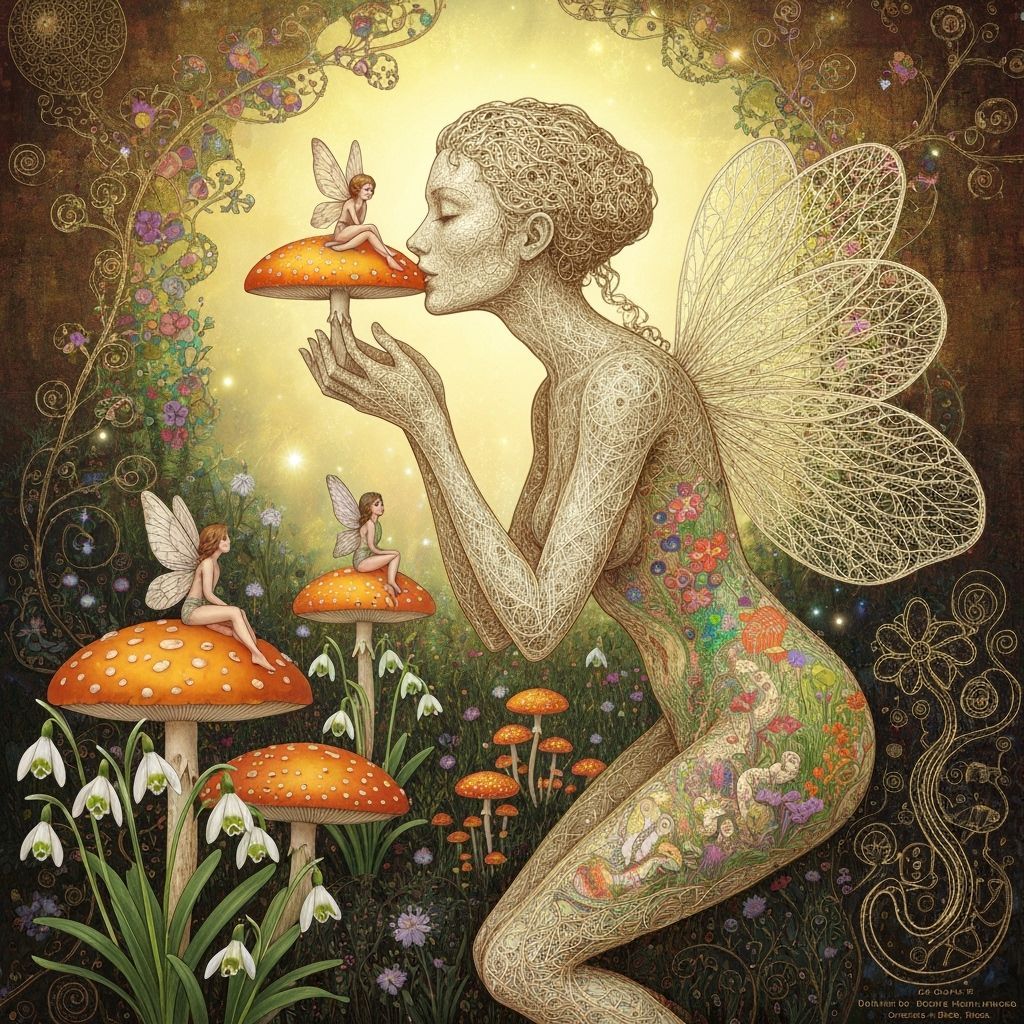 Filigree Woman Kisses Surreal Garden, Ethereal Glow