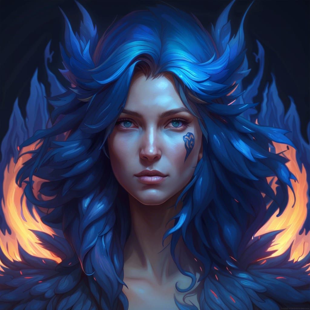 Blue Flame Phoenix Portrait in Hyperdetailed Digital Art