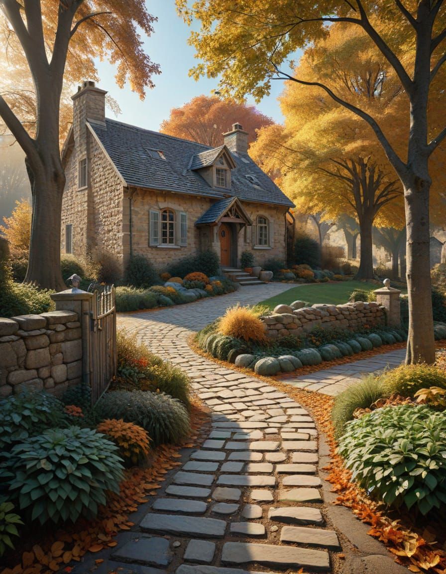 Picturesque Old Stone House in Autumn Garden