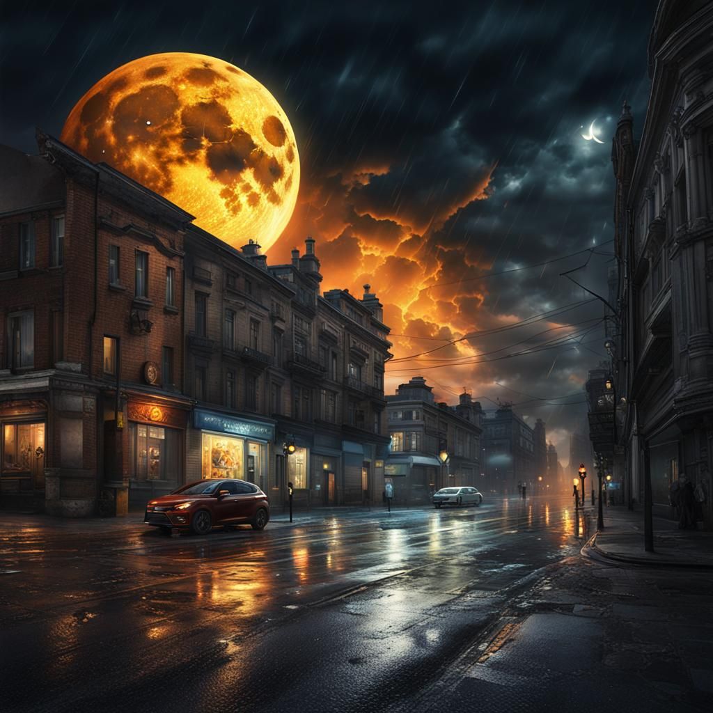 ONE single Big bright moon , sunset  sky dark deserted city street lightning storm intricate details, HDR, beautifully s...