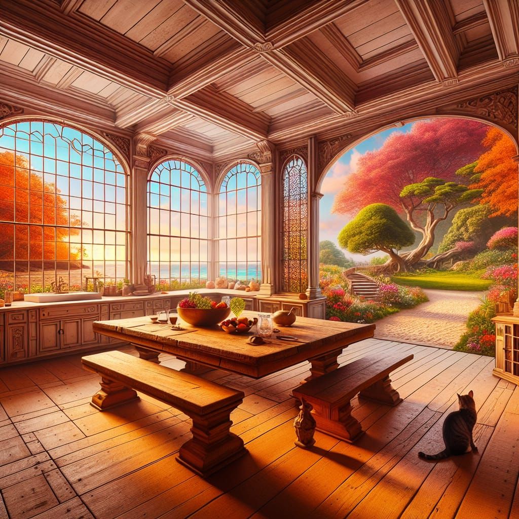 Warm Kitchen Sanctuary with Vibrant Garden Views and Classic...