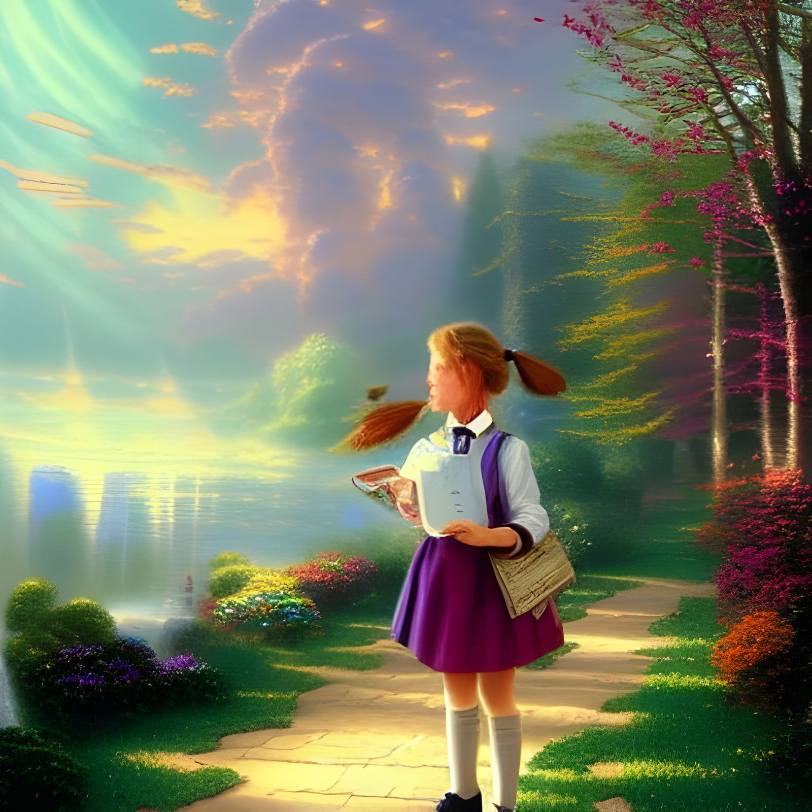 Ethereal Schoolgirl in a Thomas Kinkade Style