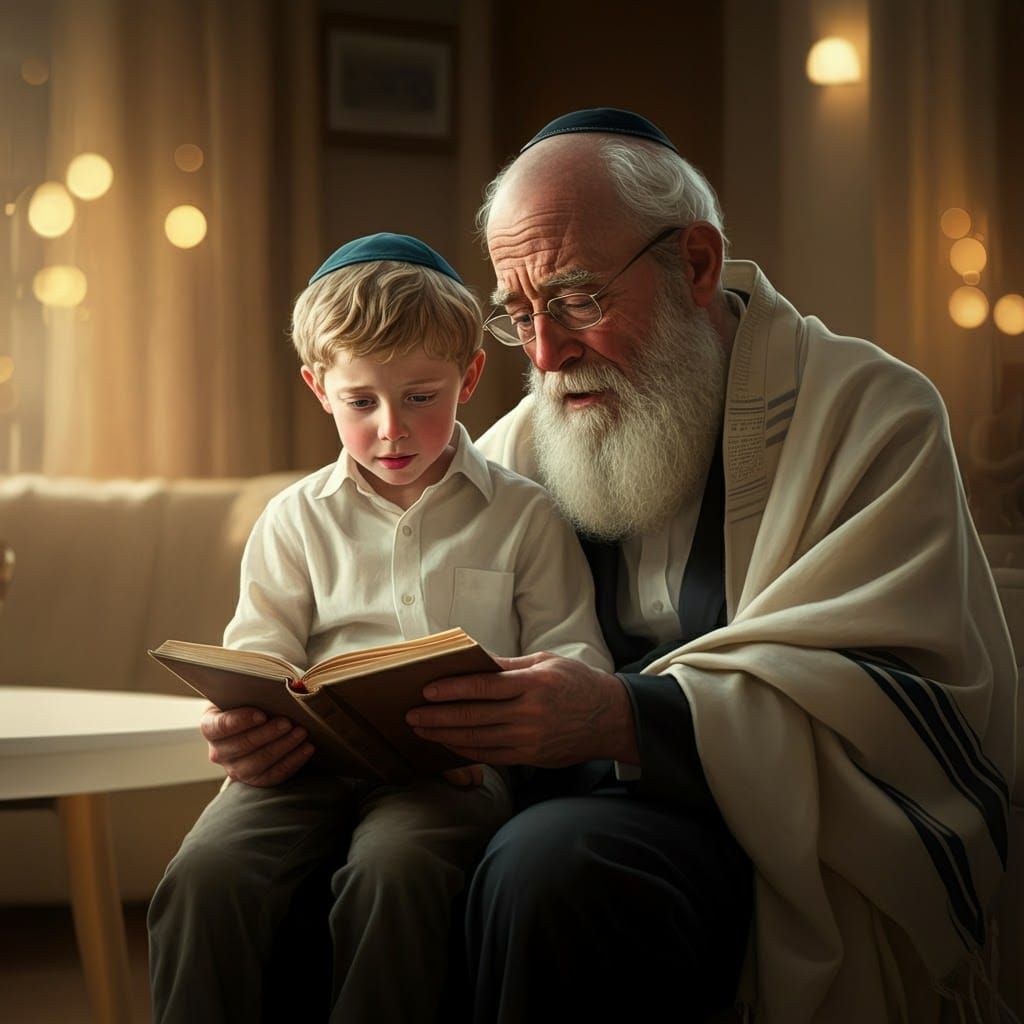Boy and Grandfather Reading, Concept Art Illustration