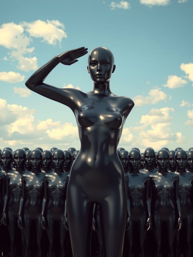 The image presents a striking visual poster with a central, female humanoid figure made of shiny black latex, striking a...