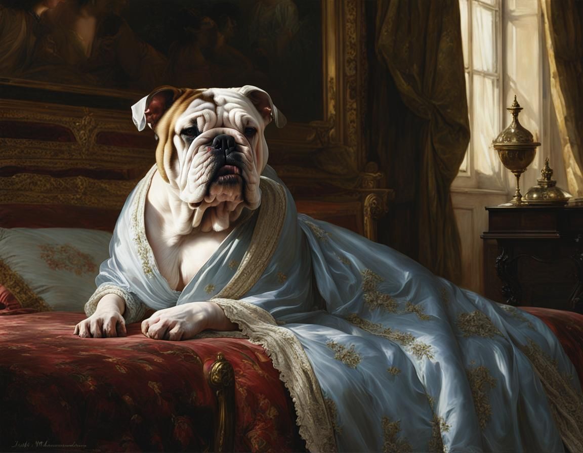 Bulldog in Victorian Bedroom: Photorealistic Masterpiece