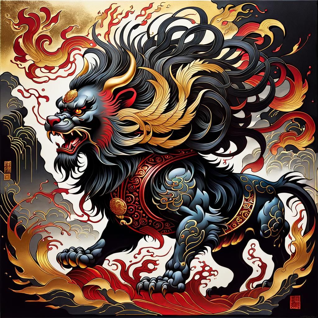 Art Nouveau Chinese Lion Guardian Spirit Print