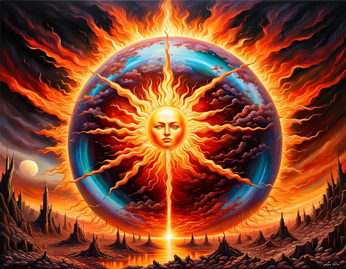 Apocalyptic Sun Over Destroyed Earth: Holographic Oil Painti...