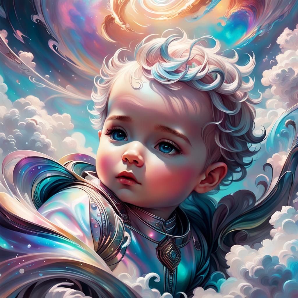 Cherubic Baby in Iridescent Ink Clouds