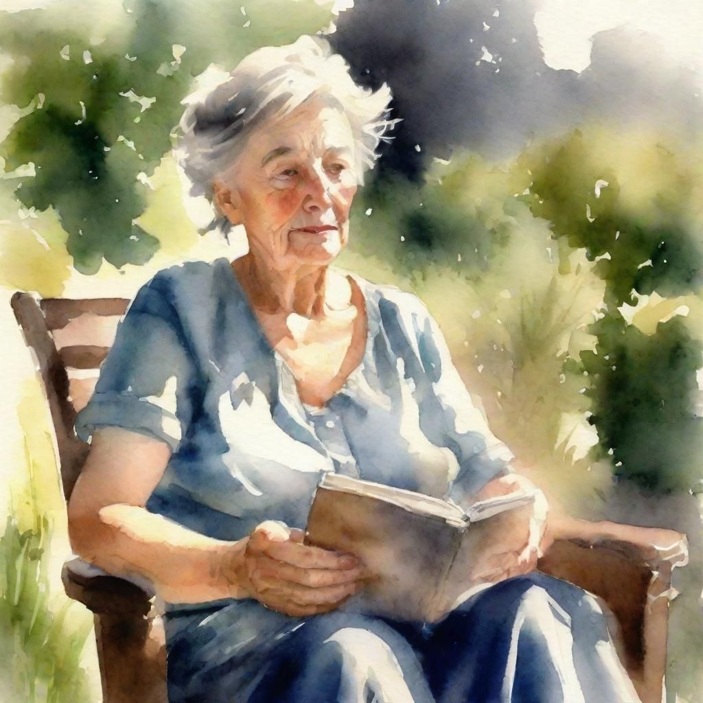 Watercolor Portrait of an Elderly Woman Reading
