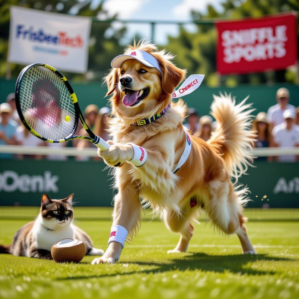 Golden Retriever's Tennis Match: Whimsical Animal Spectacle