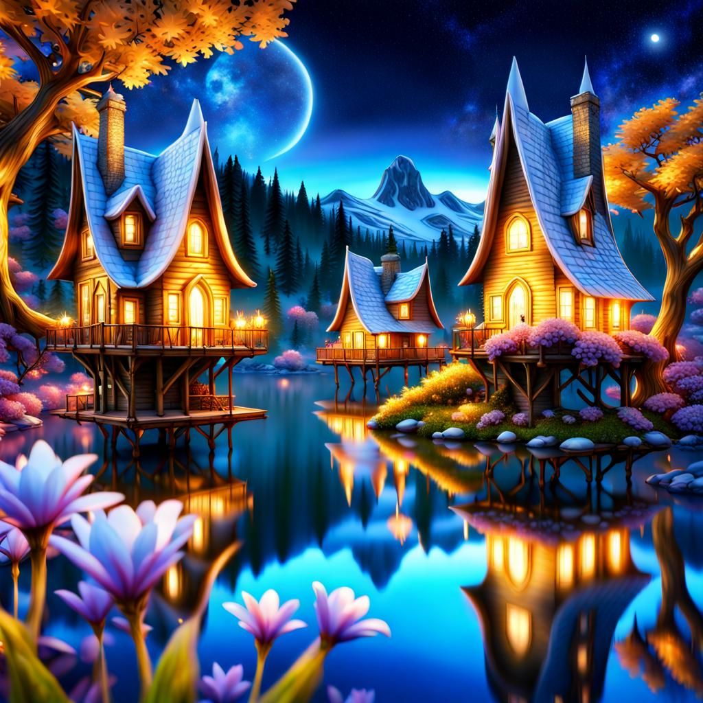 Magical Fairy Village Under the Stars in Hyperrealism