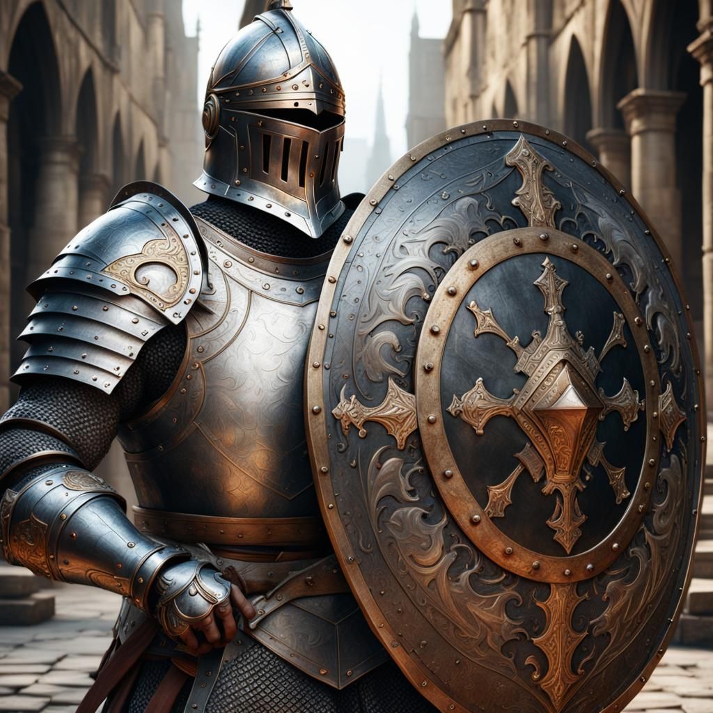 Hyperrealistic Ancient Knight with Elaborate Shield