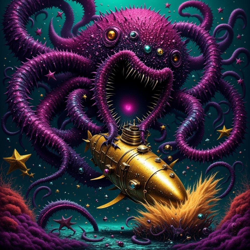 Colossal Kraken Attacks Submarine in Dark Fantasy Digital Pa...