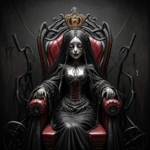 Creepy Doll King on Grotesque Throne in Surrealist Oil Paint...
