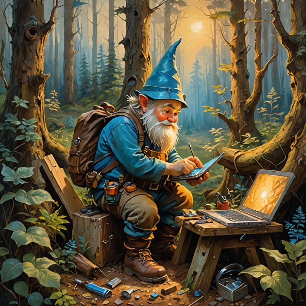 Gnome's Forest Laptop Repair: Romanticism Oil Painting