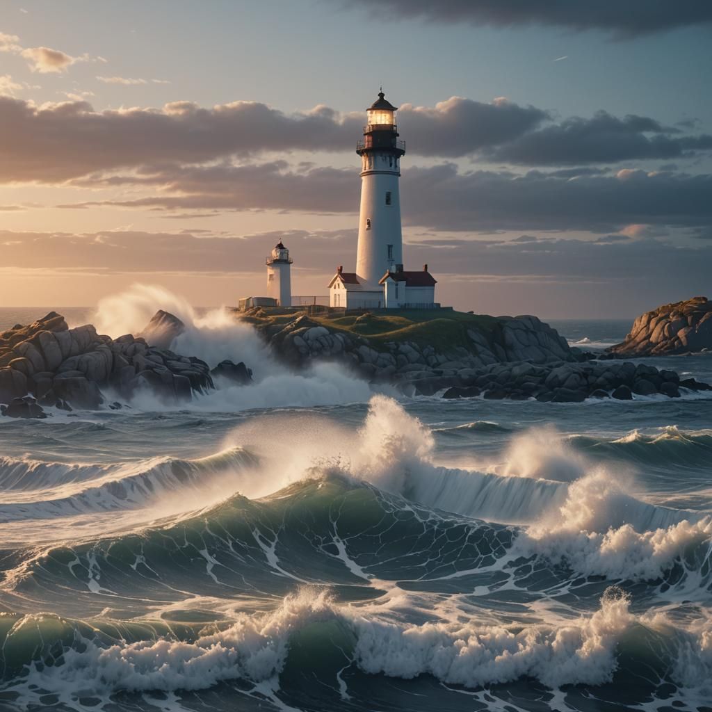 Dreamy Oceanscape Lighthouse at Dusk in Fantasy Style