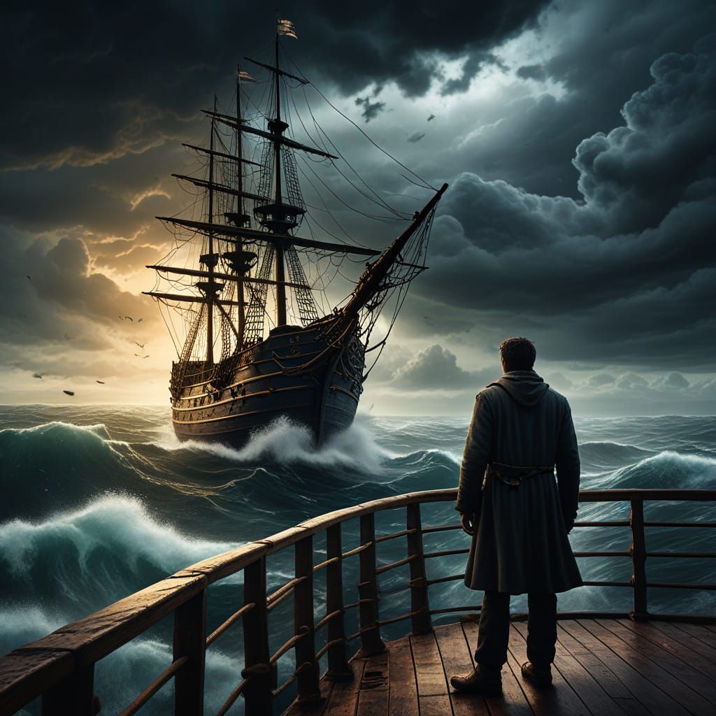 Dramatic Seascape of Ship on Turbulent Sea