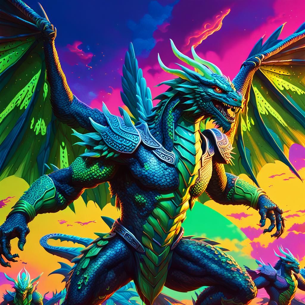Warrior Dragon-Men Soaring in Neon Sky: Digital Art
