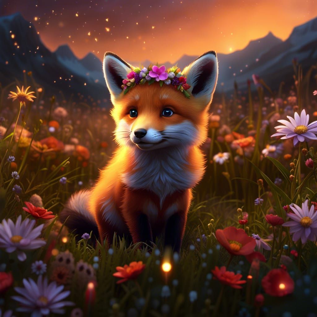 Fox Pup with Flower Crown in Mountain Meadow