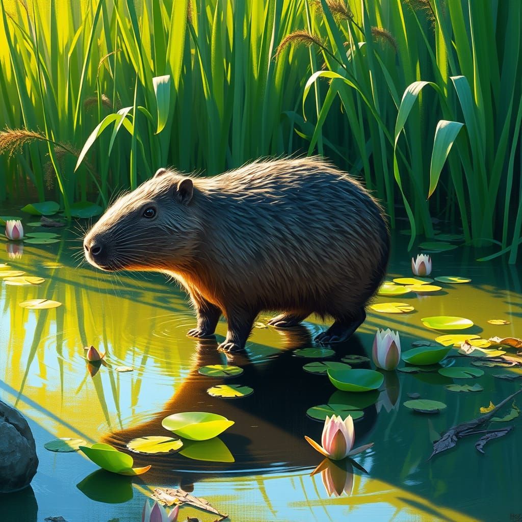 Surreal Wildlife Scene in Vibrant Wetland Setting