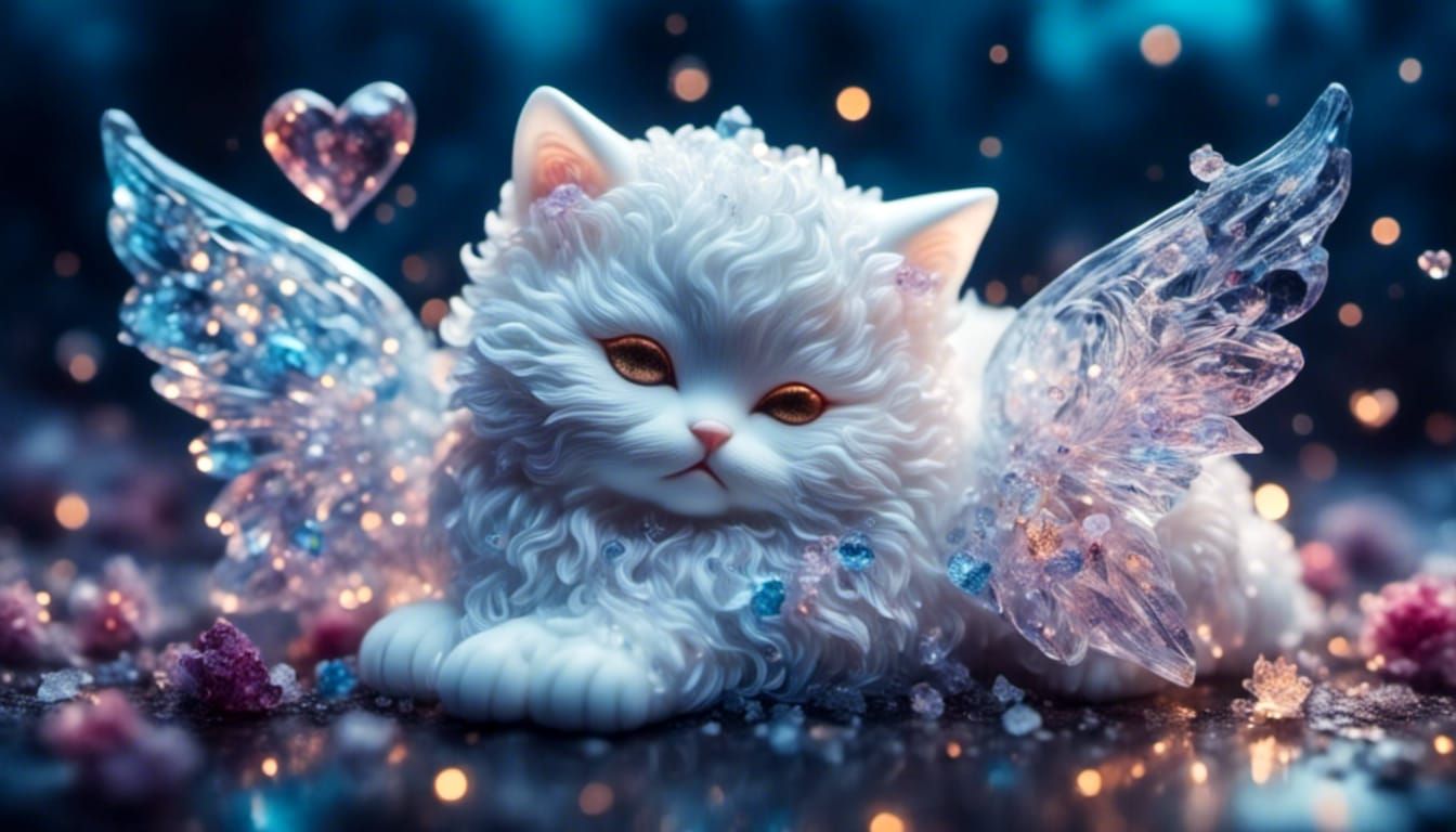 <lora:Night Sparkle:1.0> <lora:crystalclear:1.0> Cute fluffy white kitty with wings hearts