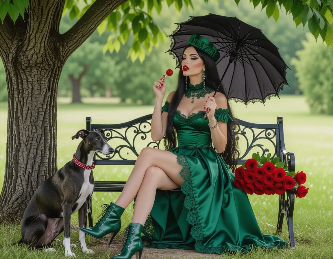 Gothic Woman with Greyhound in Monochrome Ink Drawing
