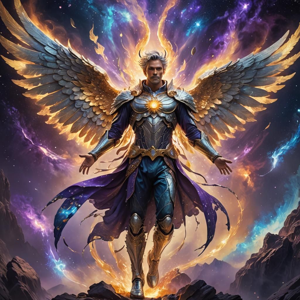 Silver Angel Soaring Through Galaxy: Fantasy Art