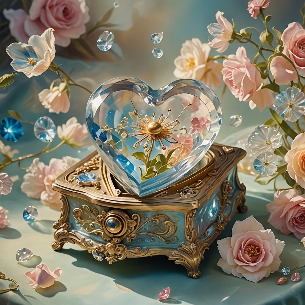 Crystal Heart Above Antique Music Box, Surreal Oil Painting