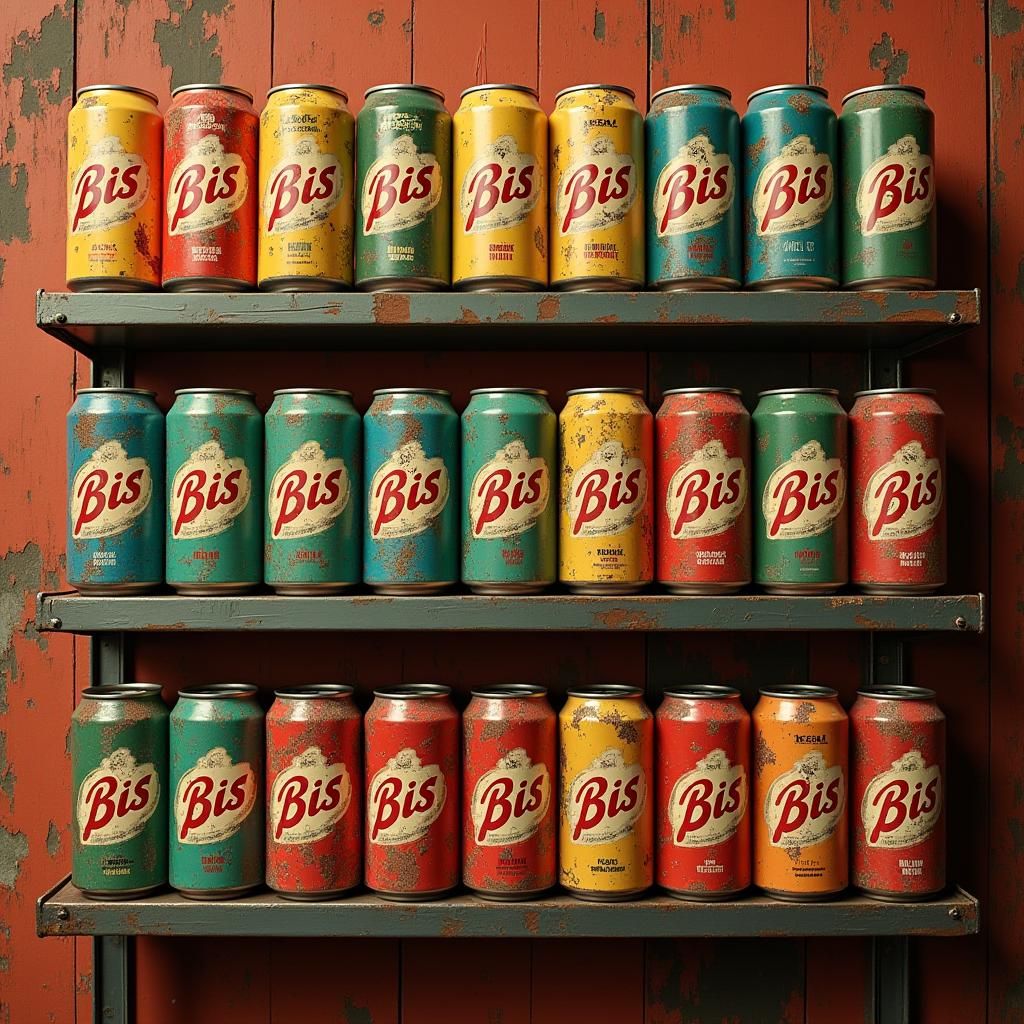 Vintage Soda Cans on Rustic Metal Shelf