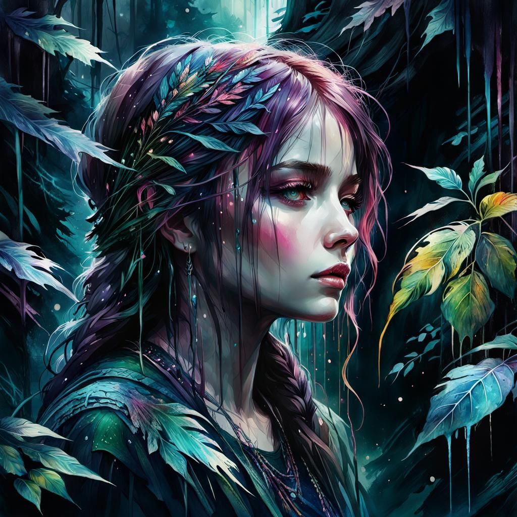 Enchanted Forest Waterfall: Watercolor Art in Dark Palette