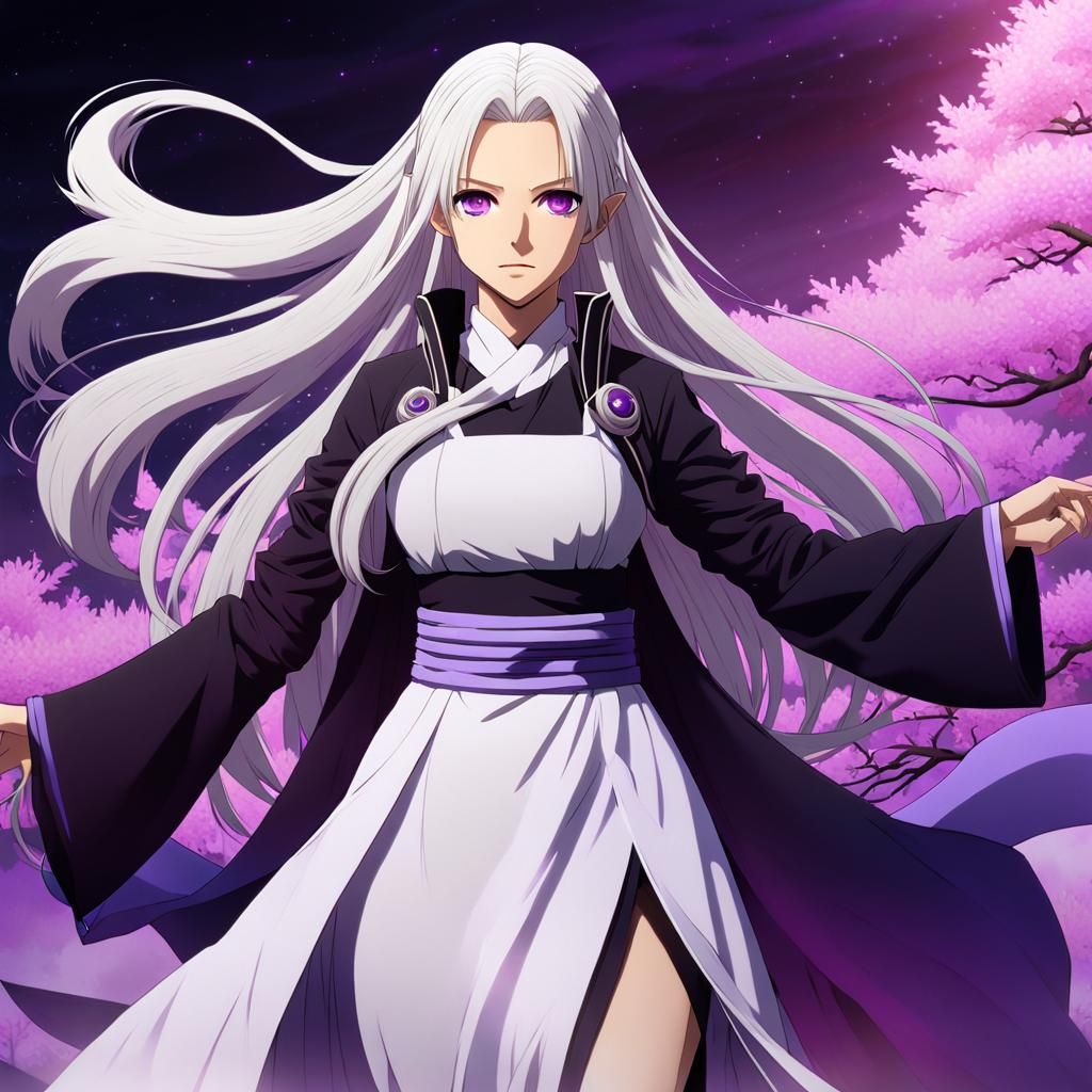 Dark Anime Woman with White Hair in Fantasy World