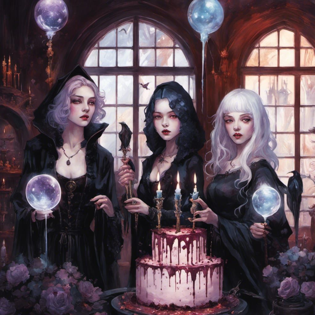 Gothic Witches Summoning Birthday Cake, Digital Art