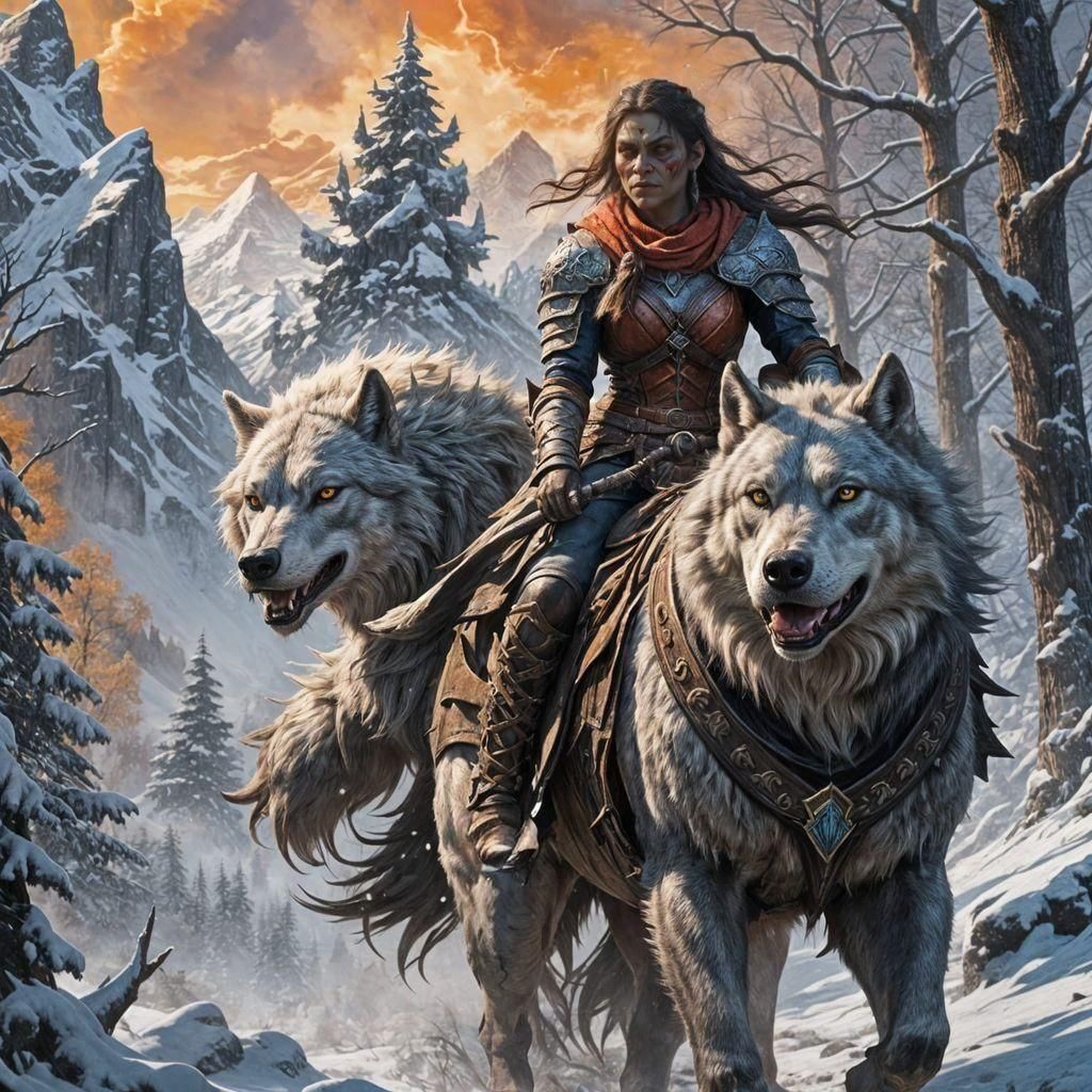 Half-Orc Woman Rides Wolf in Snowy Mountains
