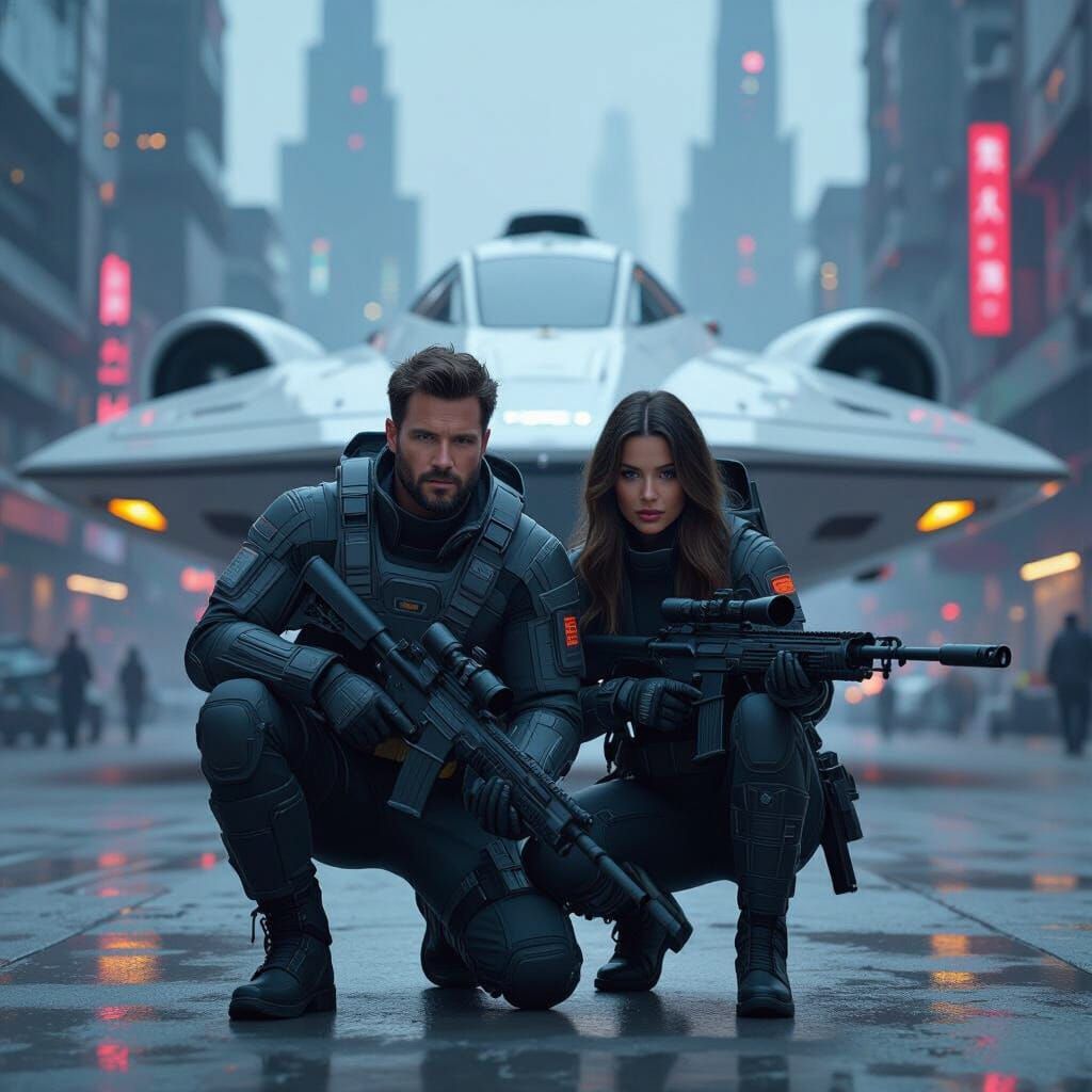 Futuristic Sniper Team in Dystopian Sci-Fi Cityscape