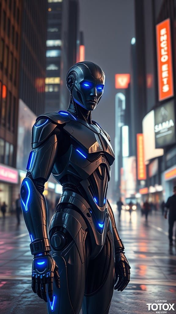 Futuristic Robot Standing on Neon-Lit Night Street