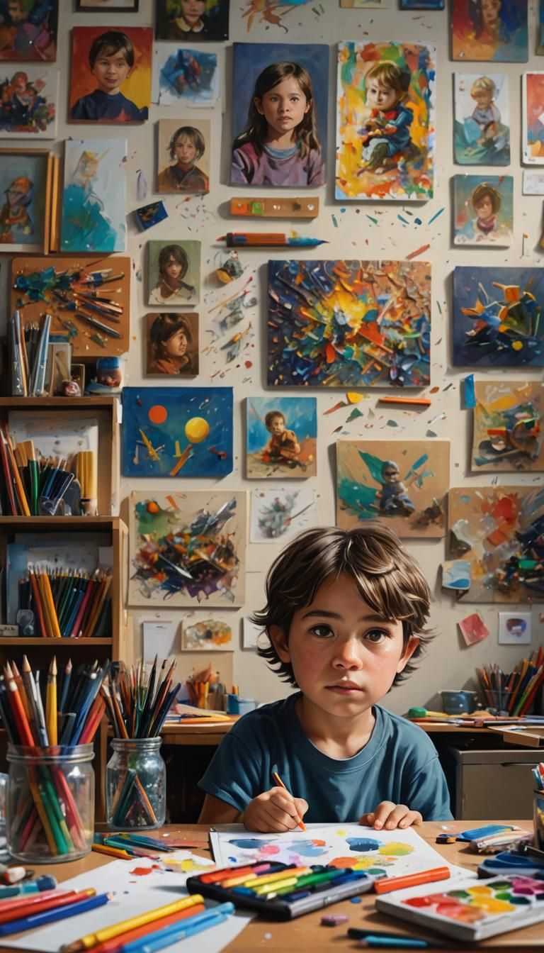 Determined Child Artist in Hyperrealistic Oil Painting