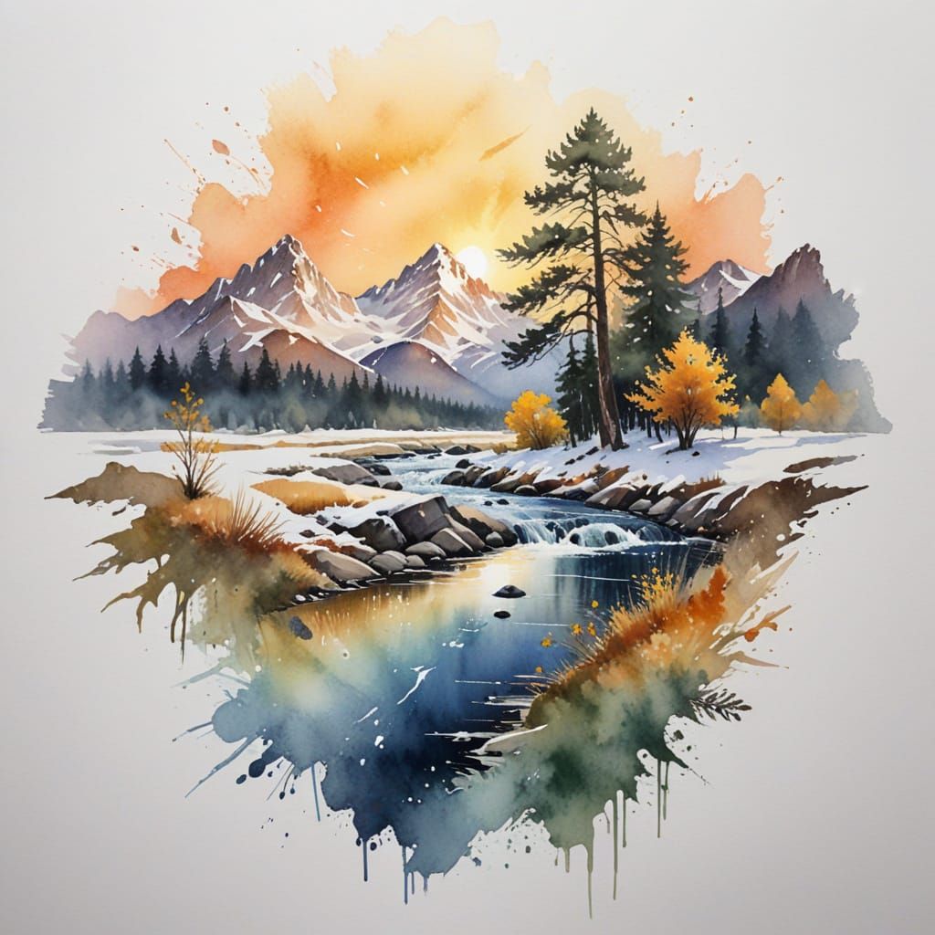 Dramatic Mountain Valley with Golden Sunset