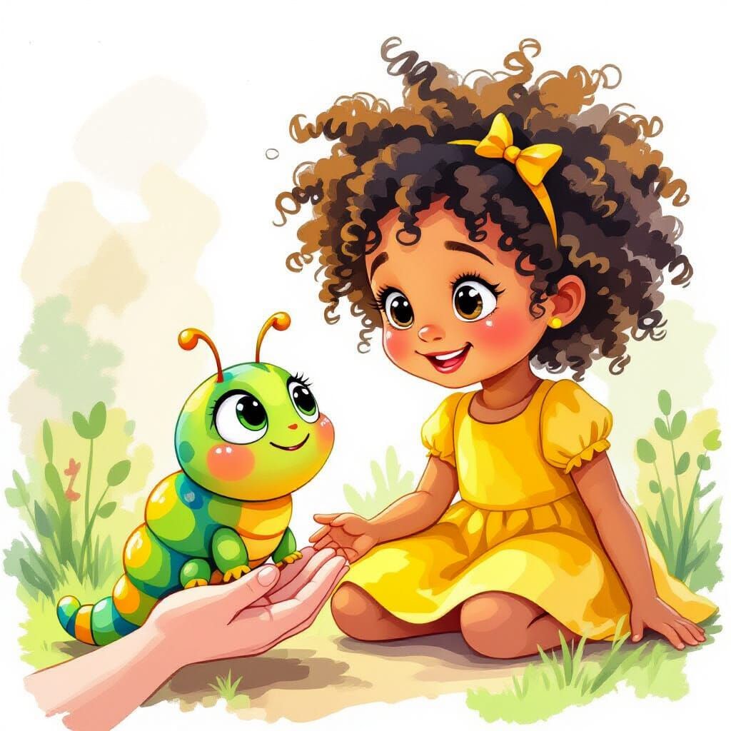 Cartoon Girl and Caterpillar in Watercolor Style